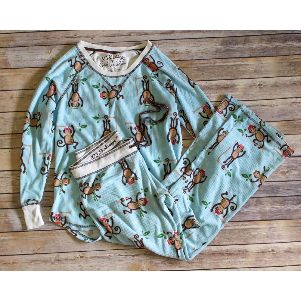 PJ Salvage Pajama Set Large Blue Sock Monkey Thermal Waffle Vintage Velour *Flaw